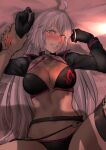  1boy 1girl ahoge bikini black_bikini black_gloves blush breasts choker command_spell fate/grand_order fate_(series) gloves hands highres holding holding_another&#039;s_arm holding_another&#039;s_thighs jeanne_d&#039;arc_(alter)_(fate) jeanne_d&#039;arc_(alter_swimsuit_berserker)_(fate) jeanne_d&#039;arc_(fate)_(all) kirie_kairi large_breasts long_hair looking_at_viewer o-ring o-ring_bikini pov swimsuit very_long_hair yellow_eyes 