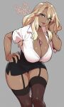  1girl 2021 agawa_ryou aqua_eyes between_breasts breasts brown_hair brown_legwear condom curvy dark_skin dated grey_background hand_on_hip huge_breasts lips long_hair looking_at_viewer open_clothes open_shirt original shirt simple_background smile solo thick_lips thick_thighs thighhighs thighs white_shirt wide_hips 