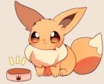  :3 blush brown_eyes closed_mouth commentary_request creature eevee food_bowl full_body gen_1_pokemon no_humans notice_lines paw_print paw_print_pattern paws pokemon pokemon_(creature) shiny simple_background sitting smile solo toes yupo_0322 
