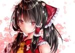  1girl :/ ascot blurry blush bow brown_hair depth_of_field frills hair_bow hair_tubes hakurei_reimu long_hair nanase_nao petals pink_eyes portrait red_vest simple_background solo touhou vest white_background 