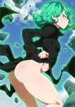  1girl ass black_dress blush breasts curly_hair dress floating floating_rock from_behind glowing green_eyes green_hair jcm2 levitation looking_at_viewer looking_back no_panties one-punch_man shiny shiny_hair shiny_skin short_hair side_slit small_breasts sweat tatsumaki telekinesis 