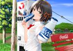  bangs bench blue_sky bob_cut bottle bow bra breasts cable can coca-cola commentary condensation drink drinking gibun_(sozoshu) giving grass hair_bow hair_strand hairband highres holding holding_bottle holding_can holding_drink kimi_no_na_wa. looking_at_viewer miyamizu_mitsuha orange_bow orange_hairband oronamin_c_drink pocari_sweat product_placement rice_paddy scenery see-through shirt short_hair sky small_breasts sweat sweatdrop tree underwear uniform upper_body utility_pole vending_machine wet wet_clothes white_bra white_shirt yellow_eyes 