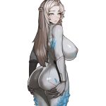  1girl aqua_eyes ass ass_grab bad_id bad_pixiv_id blush bodysuit braid breasts from_behind grabbing_own_ass hands_on_ass huge_breasts ice last_origin long_hair looking_at_viewer looking_back mnemosyne_(last_origin) oo_(nxvv3285) simple_background single_braid solo white_background white_hair 