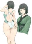  1girl alp ass back black_hair bob_cut breasts character_request commentary_request competition_swimsuit copyright_request cropped_torso full_body green_eyes green_kimono highres japanese_clothes kimono large_breasts looking_at_viewer multiple_views obi one-piece_swimsuit parted_lips sash short_hair shoulder_blades simple_background skindentation swimsuit white_background wide_hips 
