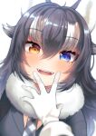  absurdres animal_ears blue_eyes blush breasts cleavage close-up eyebrows_visible_through_hair fangs fur_trim gloves grey_hair grey_jacket grey_neckwear grey_wolf_(kemono_friends) heterochromia highres jacket kemono_friends long_hair long_sleeves looking_at_viewer mitorizu_02 multicolored_hair necktie open_mouth plaid_neckwear simple_background sleeve_cuffs white_background white_fur white_gloves white_hair wolf_ears wolf_girl yellow_eyes 