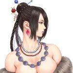  1girl bare_shoulders bead_necklace beads black_hair braid breasts brown_eyes earrings eyeshadow final_fantasy final_fantasy_x fur_trim hair_bun hair_ornament hair_stick jewelry large_breasts looking_to_the_side lulu_(ff10) makeup necklace purple_lips shu-mai solo upper_body 