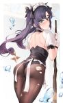  ass genshin_impact leotard maid mona_(genshin_impact) no_bra pantyhose torn_clothes yumaomi 