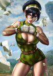  1girl avatar:_the_last_airbender avatar_(series) bandages bandaid bare_shoulders belt black_hair breasts cleavage dandon_fuga debris green_eyes highres looking_at_viewer muscular rock short_hair smile solo thighs toned toph_bei_fong 
