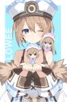  3girls :d :o ;( alternate_size bare_shoulders blanc blue_coat blue_eyes blue_headwear blue_neckwear blush bow bowtie brown_hair buran_buta coat dress expressionless full_body fur-trimmed_coat fur_trim hair_between_eyes hands_up happy hat highres leaning_over long_hair looking_at_another looking_at_viewer medium_hair minigirl multiple_girls neptune_(series) off-shoulder_coat off_shoulder on_shoulder one_eye_closed open_mouth pink_coat pink_headwear pink_neckwear pom_pom_(clothes) ram_(re:zero) rom_(idaten93) siblings sisters sitting_on_hand smile spaghetti_strap twins upper_body very_long_hair white_coat white_dress white_headwear wide_sleeves 