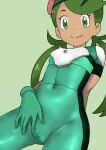  1girl bangs bodysuit cameltoe closed_mouth covered_clitoris covered_navel eyelashes flower gloves green_bodysuit green_eyes green_gloves green_hair hair_flower hair_ornament highres long_hair mallow_(pokemon) meronshiroppu pink_flower pokemon pokemon_(anime) pokemon_sm_(anime) short_sleeves smile solo spread_pussy_under_clothes swept_bangs symbol_commentary twintails 