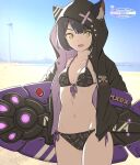 1girl animal_ears bangs bikini black_hair blue_sky blurry blurry_background bob_cut breasts cat_ears clear_sky commentary cowboy_shot day depth_of_field english_text front-tie_bikini front-tie_top halterneck holding hood hood_up hooded_jacket horizon hover_board jacket katouken_(ktn-works) logo long_sleeves looking_at_viewer navel no_pants object_behind_back open_clothes open_jacket open_mouth original outdoors print_bikini short_hair side-tie_bikini sky small_breasts smile solo standing swimsuit wind_turbine yellow_eyes 
