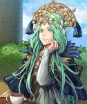  1girl bangs blue_capelet capelet chair cloud commentary crown cup day dress english_commentary fingernails fire_emblem fire_emblem:_three_houses flower forehead green_eyes green_hair hair_flower hair_ornament hand_on_own_face jewelry jin_(phoenixpear) lips long_hair long_sleeves looking_at_viewer outdoors parted_bangs parted_lips pink_lips plant rhea_(fire_emblem) sitting sky smile solo table teacup teeth tiara very_long_hair white_dress white_flower 