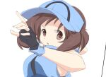  1girl ace_trainer_(pokemon) bangs black_gloves blue_headwear brown_eyes brown_hair commentary_request fingerless_gloves gloves hand_up highres looking_at_viewer nagitaro npc_trainer pokemon pokemon_(game) pokemon_sm short_hair sleeveless solo upper_body visor_cap 