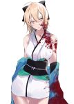  1girl absurdres bangs bare_shoulders black_bow blonde_hair blood blood_on_arm blood_on_face bloody_clothes bow commentary contrapposto fate/grand_order fate_(series) hair_between_eyes hair_bow haori highres japanese_clothes kimono obi obiage obijime okita_souji_(fate) okita_souji_(fate)_(all) parted_lips sash short_kimono sidelocks simple_background solo standing thigh_gap white_background white_kimono yellow_eyes yuki_maccha_(yukimattya10) 