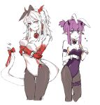  2girls animal_ears arknights arm_tattoo bare_shoulders black_collar black_legwear blush bow bowtie breast_rest breasts bunny_ears bunny_tail chinese_commentary cleavage collar colored_skin cropped_legs demon_horns detached_collar dragon_girl dragon_horns dragon_tail ear_piercing fake_animal_ears feet_out_of_frame flying_sweatdrops highres horns lava_(arknights) leotard looking_at_viewer mabing medium_breasts medium_hair multiple_girls nian_(arknights) pantyhose piercing playboy_bunny pointy_ears ponytail purple_eyes purple_hair purple_leotard purple_neckwear red_eyes red_neckwear red_skin short_hair_with_long_locks short_twintails simple_background small_breasts smirk tail tail_bow tail_ornament tattoo twintails white_background white_collar white_hair white_leotard 