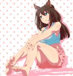  1girl animal_ears barefoot blue_eyes breasts el_condor_pasa_(umamusume) horse_ears horse_girl long_hair seryu_oekaki soles tail tank_top umamusume 