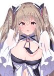  1girl absurdres anchorage_(azur_lane) azur_lane bangs blush breasts brown_hair cleavage commentary_request crossed_bangs detached_sleeves eyebrows_visible_through_hair flying_sweatdrops hair_between_eyes hair_ornament hands_up highres himiya_jouzu large_breasts long_hair looking_at_viewer motion_lines navel parted_lips red_eyes sidelocks simple_background sketch solo standing twintails upper_body white_background white_sleeves wide_sleeves 