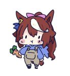 1girl :t animal_ears bangs blue_hoodie blush_stickers brown_hair carrot chibi closed_mouth commentary eating fake_animal_ears food full_body hair_between_eyes hair_ribbon hitomiz holding holding_food hood hood_down hoodie horse_ears horse_girl horse_hood horse_tail long_hair long_sleeves looking_at_viewer multicolored_hair overalls pink_ribbon ponytail ribbon simple_background solid_oval_eyes solo standing streaked_hair symbol-only_commentary tail tokai_teio_(umamusume) umamusume very_long_hair white_background white_hair 