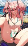  1girl :p azur_lane bag ball bangs bare_shoulders beach black_panties blue_sky blush bottle breasts bremerton_(azur_lane) bremerton_(scorching-hot_training)_(azur_lane) chain-link_fence cleavage cloud collarbone commentary crop_top crop_top_overhang day eyebrows_visible_through_hair fence green_skirt grey_hair groin hair_between_eyes hair_intakes hair_ornament hairclip hand_up heart heart_necklace highres holding holding_racket large_breasts leg_up long_hair looking_at_viewer manjuu_(azur_lane) midriff multicolored_hair navel no_mole ocean official_alternate_costume outdoors panties pink_eyes pink_hair racket sg_(satoumogumogu) shadow shirt sidelocks sitting skirt sky sleeveless sleeveless_shirt smile solo sportswear streaked_hair tennis_ball tennis_racket tennis_uniform tongue tongue_out twintails two-tone_hair two-tone_shirt two-tone_skirt underwear water_bottle wet wet_clothes wet_shirt white_skirt wristband x_hair_ornament 