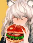  1girl absurdres animal_ears arknights burger cheese closed_eyes commentary_request eating fast_food food happy highres holding holding_food leopard_ears leopard_girl lettuce long_hair nikenikeniki1 onion pramanix_(arknights) side_braids solo tomato white_hair 