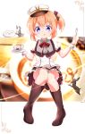  1girl absurdres alternate_costume alternate_hairstyle angora_rabbit anko_(gochiusa) blurry blurry_background boots bow bunny closed_mouth coffee_mug cup frilled_skirt frills gochuumon_wa_usagi_desu_ka? hat highres hoto_cocoa knees_together_feet_apart looking_at_viewer miniskirt mug orange_hair painter-lhb peaked_cap purple_eyes side_ponytail skirt smile solo spoon tippy_(gochiusa) tongue tongue_out wild_geese 