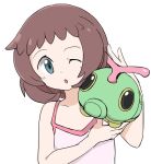  1girl bangs bare_arms brown_hair caterpie commentary_request eyelashes gen_1_pokemon grey_eyes hands_up head_tilt highres nagitaro on_shoulder one_eye_closed open_mouth pink_shirt pokemon pokemon_(anime) pokemon_(creature) pokemon_on_shoulder pokemon_sm_(anime) shirt simple_background sleeveless sleeveless_shirt tongue upper_body white_background 