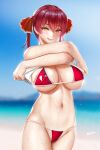  1girl bangs beach bikini breasts cleavage clothes_pull easonx hair_ribbon heterochromia highres hololive houshou_marine large_breasts licking_lips lips looking_at_viewer naughty_face navel red_bikini red_eyes red_hair ribbon seductive_smile shirt_pull shirt_removed short_hair smile solo sweat sweatdrop swimsuit taking_off thong_bikini tongue tongue_out virtual_youtuber wet yellow_eyes 