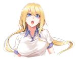 1girl ataru_(cha2batake) bangs blonde_hair blouse blue_eyes breasts eyebrows_behind_hair eyebrows_visible_through_hair hair_between_eyes long_hair looking_at_viewer open_mouth original shirt simple_background solo twintails upper_body white_background 