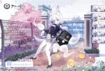  1girl :d :o @_@ ^_^ anchor_symbol animal animal_ears azur_lane bag bandaged_leg bandages bangs bird black_footwear black_jacket blazer blue_eyes blush bow byulzzi chick closed_eyes closed_mouth commentary_request copyright_name expressions eyebrows_visible_through_hair fox_ears fox_girl fox_tail grey_skirt hair_bow hair_over_eyes highres jacket kasumi_(azur_lane) loafers long_hair long_sleeves looking_at_viewer manjuu_(azur_lane) official_art open_clothes open_jacket open_mouth pantyhose parted_lips petals plaid plaid_skirt pleated_skirt promotional_art purple_bow sakura_empire_(emblem) school_bag school_uniform shoes skirt sleeves_past_fingers sleeves_past_wrists smile sweater tail turn_pale very_long_hair white_hair white_legwear white_sweater 