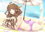  1girl absurdres ahoge beach beach_umbrella bikini blue_sky brown_hair cloud commentary_request day double_bun hairband headgear highres kantai_collection kongou_(kancolle) long_hair lying mouth_hold on_stomach outdoors popsicle_stick purple_bikini purple_eyes shamo_(ptwmjgda) side-tie_bikini sky solo swimsuit umbrella untied untied_bikini 