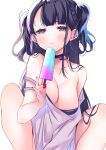  1girl bangs bare_shoulders black_choker black_hair blue_hair blush breasts choker cleavage closed_mouth clothes_pull collarbone commentary_request eating feet_out_of_frame food highres holding holding_food ko_yu large_breasts long_hair looking_at_viewer multicolored_hair nail_polish original pink_hair popsicle purple_eyes purple_shirt red_nails shirt shirt_pull simple_background smile solo squatting strap_slip streaked_hair two_side_up white_background 