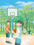  1boy 2girls absurdres backpack bag ball bangs basketball basketball_hoop black_hair blue_footwear blue_shorts blue_sky brown_hair cat cloud cloudy_sky highres holding holding_ball inoue_haruka_(haruharu210) multiple_girls orange_shirt original ponytail shadow shirt shoes short_hair short_sleeves shorts sky tree white_footwear white_shirt 