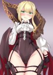  1girl blonde_hair blush breasts fang girls&#039;_frontline green_eyes groin gun halloween highres long_hair medium_breasts sangue_llia smile solo sweatdrop thigh_gap thigh_strap weapon welrod_mk2_(girls&#039;_frontline) wide_hips 