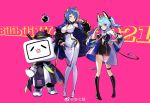  2girls ;) ahoge animal_ears bilibili_douga black_footwear blue_hair bodysuit boots breasts bright_pupils chinese_commentary fake_animal_ears fei_(idws321) fox_shadow_puppet full_body hand_on_hip headphones highres knee_boots large_breasts multiple_girls one_eye_closed pink_background red_eyes side_ponytail simple_background small_breasts smile standing thigh_strap w 