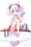  1girl animal_ears azur_lane bag bangs bare_arms bare_legs bare_shoulders barefoot blush bottle bow bunny_ears camisole collarbone commentary eyebrows_visible_through_hair fake_animal_ears feet full_body hair_bow hairband hand_up highres holding holding_bottle irokari laffey_(azur_lane) long_hair looking_at_viewer miniskirt panties pantyshot parted_lips purple_hair red_bow red_eyes red_hairband red_skirt sandals_removed simple_background sitting skirt soles solo striped striped_panties toes twintails underwear water_bottle white_background wristband 