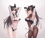  2girls :d animal_ear_fluff animal_ears armpits arms_behind_back arms_behind_head arms_up atago_(azur_lane) atago_(stunning_speedster)_(azur_lane) azur_lane bikini black_bikini black_hair blush bodystocking bodysuit bow breasts brown_eyes center_opening cleavage cleavage_cutout clothing_cutout collarbone contrapposto covered_navel cowboy_shot elbow_gloves gloves hair_bow highres kie_(wylee2212) large_breasts long_hair looking_at_viewer me!me!me! multiple_girls navel no_pants open_mouth orange_eyes parted_lips ponytail race_queen shrug_(clothing) simple_background smile standing stomach string_bikini swimsuit takao_(azur_lane) takao_(full_throttle_charmer)_(azur_lane) thighs very_long_hair white_background 