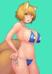 1girl absurdres animal_ears bikini blonde_hair blue_background breasts chanta_(ayatakaoisii) cowboy_shot fox_ears fox_tail hand_on_hip highres large_breasts looking_at_viewer multiple_tails no_hat no_headwear open_mouth short_hair simple_background solo swimsuit tail touhou yakumo_ran yellow_eyes 