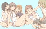  6+girls absurdres bare_arms bare_legs barefoot betock black_hair blue_background blue_eyes blush brown_hair closed_eyes closed_mouth collarbone commentary_request ear_kiss embarrassed feet foot_kiss hand_kiss harem highres kiss leg_kiss long_hair long_shirt looking_at_viewer medium_hair multiple_girls orange_hair original seiza shirt simple_background sitting stomach_kiss white_shirt yuri 