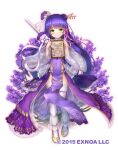  1girl commentary_request flower flower_knight_girl full_body green_eyes hair_ornament lavender_(flower_knight_girl) long_hair looking_at_viewer marriage_certificate_(object) nakaishow navel official_art purple_hair shoes short_sword smile solo sword thighhighs weapon 