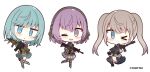  &gt;_o 3girls :&lt; ;) ;d anti-materiel_rifle assault_rifle bangs barrett_m82 black_gloves black_legwear black_skirt blazer blue_eyes blue_legwear blush boots brown_footwear brown_gloves brown_hair brown_jacket character_request chibi closed_mouth ear_protection eyebrows_visible_through_hair gloves green_hair grey_footwear grey_skirt gun hair_between_eyes headset holding holding_gun holding_weapon jacket knee_pads kneehighs little_armory m4_carbine multiple_girls muuran official_art one_eye_closed open_mouth parted_lips plaid plaid_skirt pleated_skirt purple_eyes purple_hair purple_jacket rifle simple_background skirt smile sniper_rifle triangle_mouth twintails twitter_username weapon weapon_request white_background 