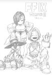  1girl 2boys boots copyright_name cravat final_fantasy final_fantasy_ix garnet_til_alexandros_xvii greyscale hat highres horikoshi_kouhei leaning_forward monochrome multiple_boys open_mouth puffy_sleeves short_hair simple_background sitting sketch smile third-party_source vivi_ornitier wizard_hat wrist_cuffs zidane_tribal 