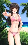  angry aposine armpits beach bikini black_hair blue_sky blush breasts cleavage collarbone eyebrows_visible_through_hair foreshortening front-tie_bikini front-tie_top hair_between_eyes hand_on_hip highres kotegawa_yui large_breasts long_hair navel ocean open_mouth palm_tree pointing shiny shiny_hair side-tie_bikini signature sky swimsuit to_love-ru tree 