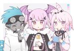  1boy 2girls :| antenna_hair arknights black_cape blue_hair blue_nails blush cape cellphone chameleon_tail chibi closed_mouth colored_skin commentary cropped_shirt dog_tags ethan_(arknights) fur-trimmed_cape fur_trim grey_eyes grey_shirt grey_skin hair_ornament hairclip hand_up head_wings highres holding holding_phone jacket kirara_(arknights) looking_at_viewer manticore_(arknights) mouth_hold multiple_girls nano_mochi open_clothes open_jacket open_mouth oversized_zipper phone pink_eyes pink_hair pink_jacket shirt short_hair tail trait_connection twintails white_jacket white_shirt 