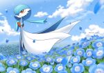  alternate_color blue_flower blurry closed_mouth cloud colored_skin commentary_request day enishi_(menkura-rin10) field flower flower_field gardevoir gen_3_pokemon hand_on_own_chest highres orange_eyes outdoors outstretched_arm petals pokemon shiny_pokemon sky smile standing white_skin 