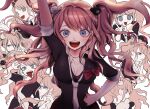  1girl :d arm_up bangs bear_hair_ornament black_shirt blue_eyes blush bow breasts cleavage commentary_request crown danganronpa:_trigger_happy_havoc danganronpa_(series) enoshima_junko hair_ornament hand_on_hip highres long_hair monokuma multiple_views nail_polish necktie open_mouth pink_hair red_bow red_nails renli_(nire999) school_uniform shiny shiny_hair shirt smile tongue tongue_out twintails white_neckwear 