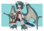  1girl bare_shoulders belt black_ribbon blue_background blue_eyes blue_hair border breasts bright_pupils claws closed_mouth criss-cross_halter double_bun dragon_girl dragon_tail dragon_wings earrings ebimomo full_body hair_ribbon halterneck highres holding holding_sword holding_weapon horns huge_weapon jewelry looking_at_viewer medium_breasts medium_hair monster_girl original pelvic_curtain ribbon scales single_horn slit_pupils solo sword tail weapon white_border white_pupils wings 