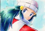  1girl beanie blue_eyes blue_hair closed_mouth coat commentary_request dawn_(pokemon) eyelashes frown green_hair hair_ornament hairclip hat iwane_masaaki long_hair looking_back multicolored_hair pokemon pokemon_(game) pokemon_dppt pokemon_platinum red_coat scarf sketch solo upper_body white_headwear white_scarf winter_clothes 