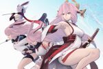  5girls animal_ears back bangs bare_shoulders breasts closed_eyes closed_mouth company_connection crossover elbow_gloves fox_ears fox_mask genshin_impact gloves hair_between_eyes headphones headphones_around_neck holding holding_sword holding_weapon honkai_(series) honkai_impact_3rd japanese_clothes kallen_kaslana katana legs looking_back mask mihoyo_technology_(shanghai)_co._ltd. multiple_girls ninja nun open_mouth petals pink_hair pink_skirt purple_eyes scarf sheath sheathed sideboob skirt sword thighhighs thighs user_nthz3353 weapon white_background white_legwear yae_guuji yae_kasumi yae_sakura yae_sakura_(darkbolt_jonin) yae_sakura_(goushinnso_memento) yae_sakura_(gyakushinn_miko) 