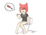  ! 1girl animal_ears bare_legs breasts cat_ears greenteaneko highres open_mouth original pregnancy_test red_hair shirt short_shorts shorts sitting smile solo spoken_exclamation_mark t-shirt toilet yellow_eyes 