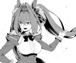  1girl animal_ears bow breasts daiwa_scarlet_(umamusume) epaulettes greyscale hand_on_hip highres horse_ears long_hair monochrome tiara tsukamoto_minori twintails umamusume 